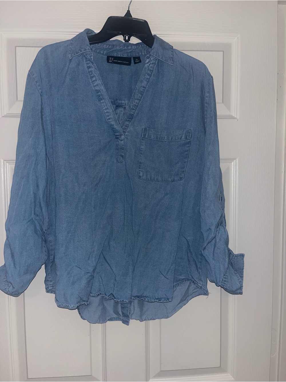 New York & Company Light Blue Denim V-Neck Tunic